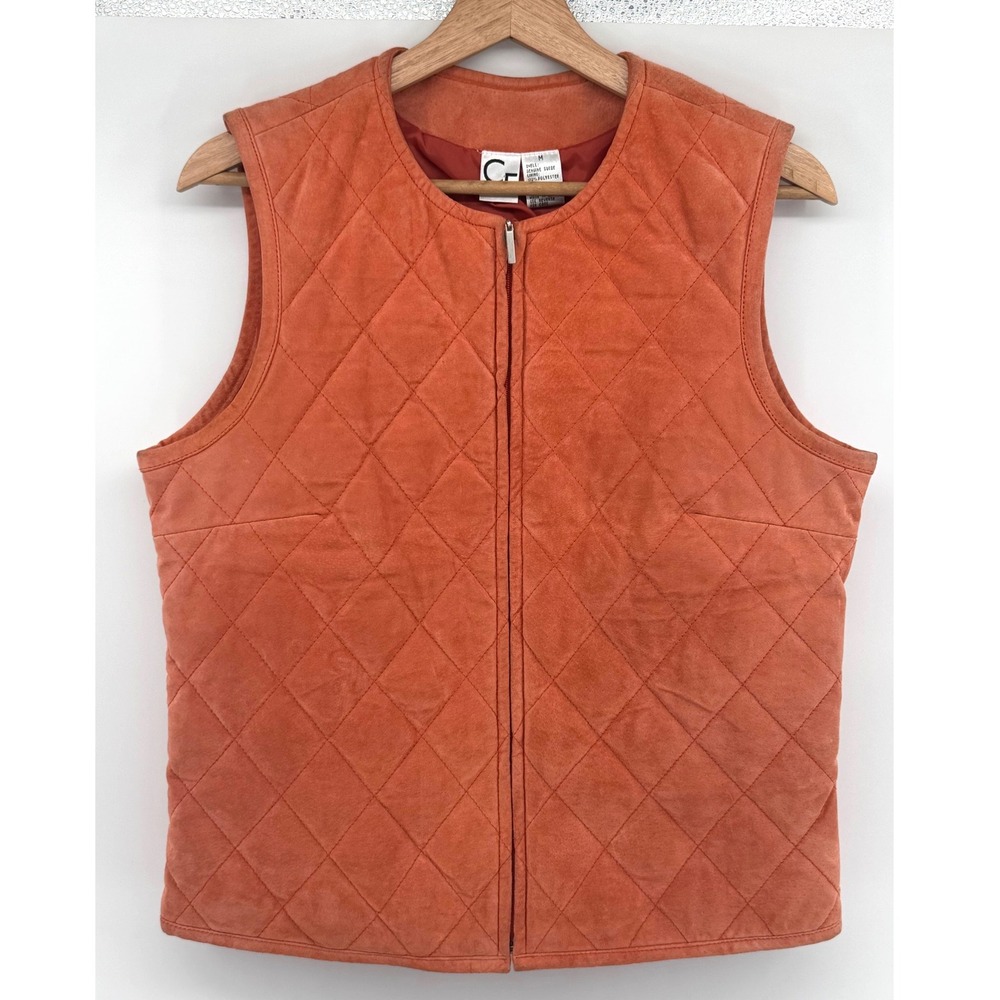 C&E Womens Burnt Orange Quilted Genuine Suede Full Zip Vest Size Medium